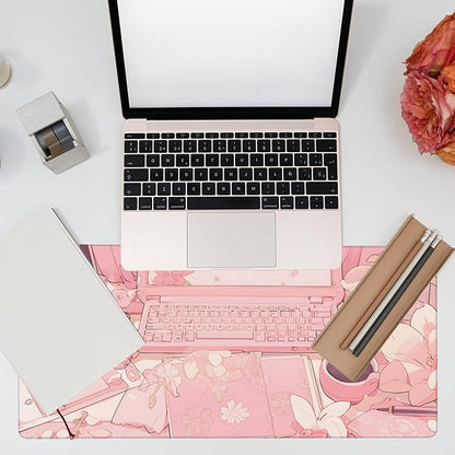 Large Gaming Mouse Pad for Desk,Pink Kawaii Anime Girl Desk Desk Mat,Kawaii Anime Desktop Desk Pad,Extended Big Computer Keyboard Mouse Pad with Non-Slip Base and Stitched Edge,35.4"x15.7"