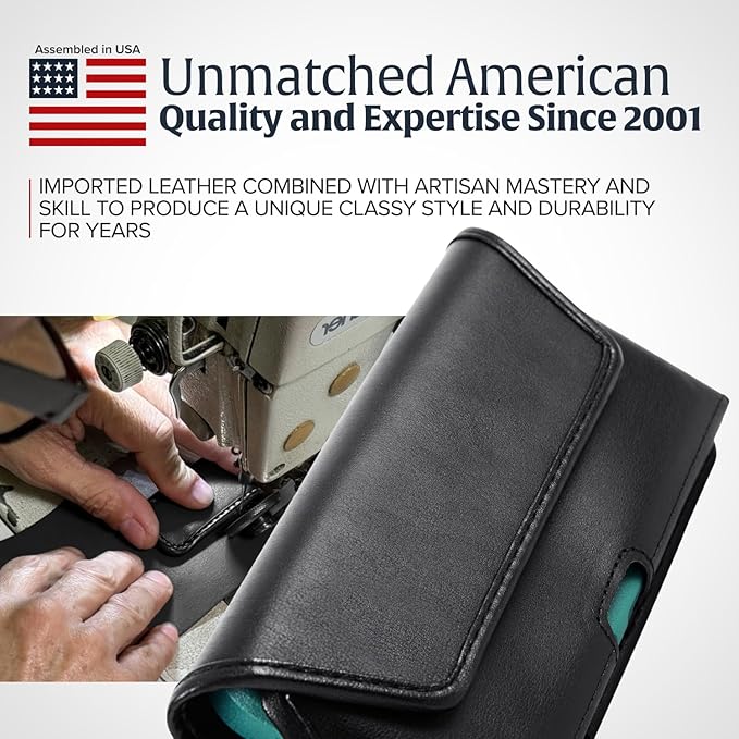 Turtleback Belt Clip for iPhone 16 Pro Max, 15 Pro Max, 14 Pro Max -Medium- Fits w/Shockproof Commuter Style Cases, Premium Black Leather, Horiz. Belt Holder, Magnetic Closure HD Rotating Clip