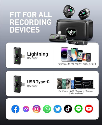 Wireless Lavalier Microphone for iPhone: 2PCS Mini Wireless Microphones for Android Equipment - Noise Reduction Lapel Mic for Professional Recording - 80h Battery Life - 48KHz Studio Sound