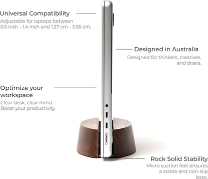 Nordik Adjustable Vertical Laptop Stand - Walnut - Premium Laptop Holder for Home Office, Software Engineers - Space Saving Desk Laptop Dock - Stable Non-Slip Wood Stand - MacBook Pro