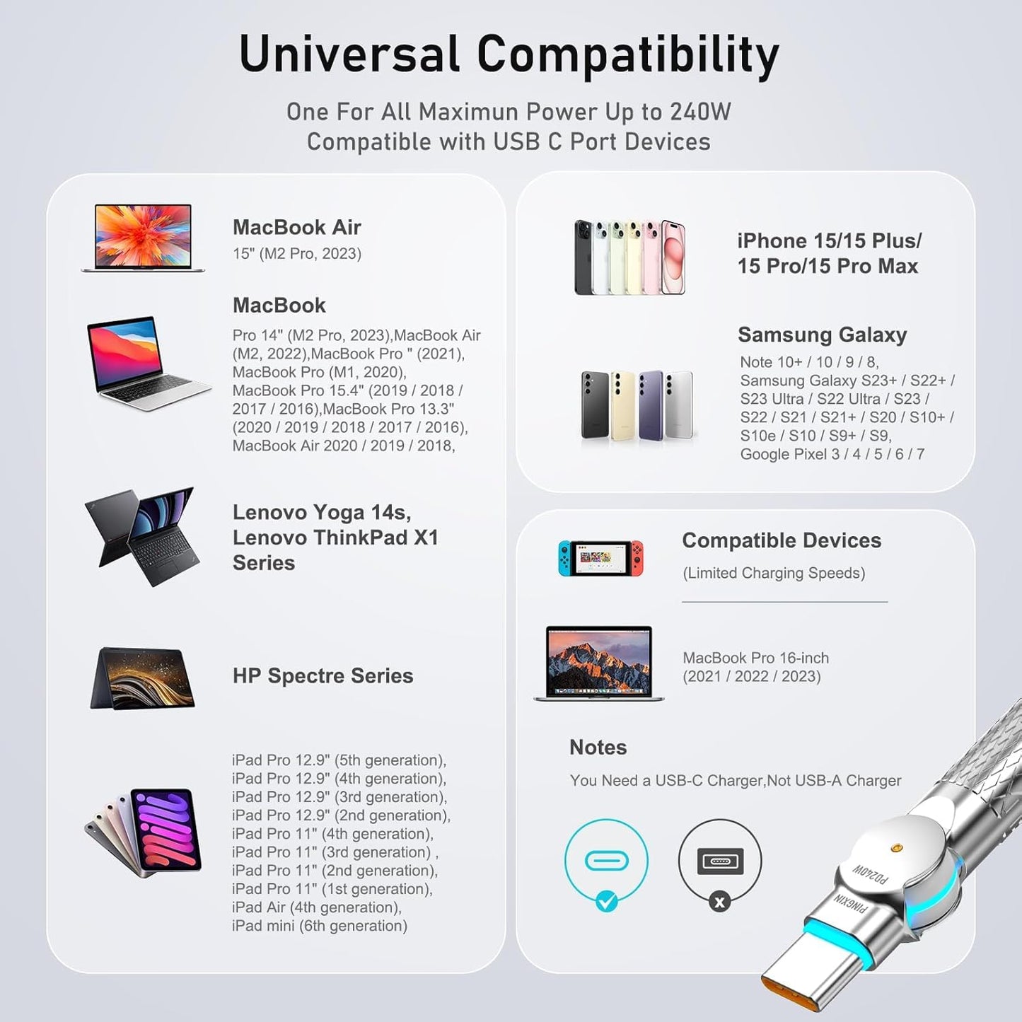 USB C to USB C Cable 10ft 240W 2-Pack USB 2.0, Type C Charging Cable for iPhone 15, Samsung Galaxy S23, MacBook Pro 2020, iPad Pro, iPad Air 4, Pixel and More. Black+Pink