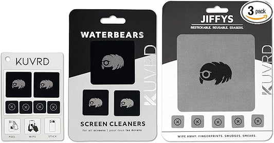 KUVRD Waterbear - Universal Screen Cleaners - Teeny Tiny Cleaning Tools for Your Lenses & Screens, Family Pack (1 Patch Set, 1 Pad Set, 1 Phat Pack Set)
