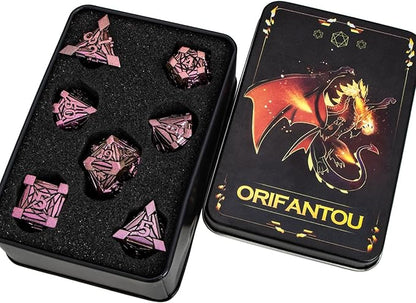 7PCS Metal DND Dice Set with Box, Debris RPG Purple Red D and D Dice for use with D&D Tabletop Games Role Playing Game Polyhedral Dice Set D20 D12 D10 D8 D6 D4