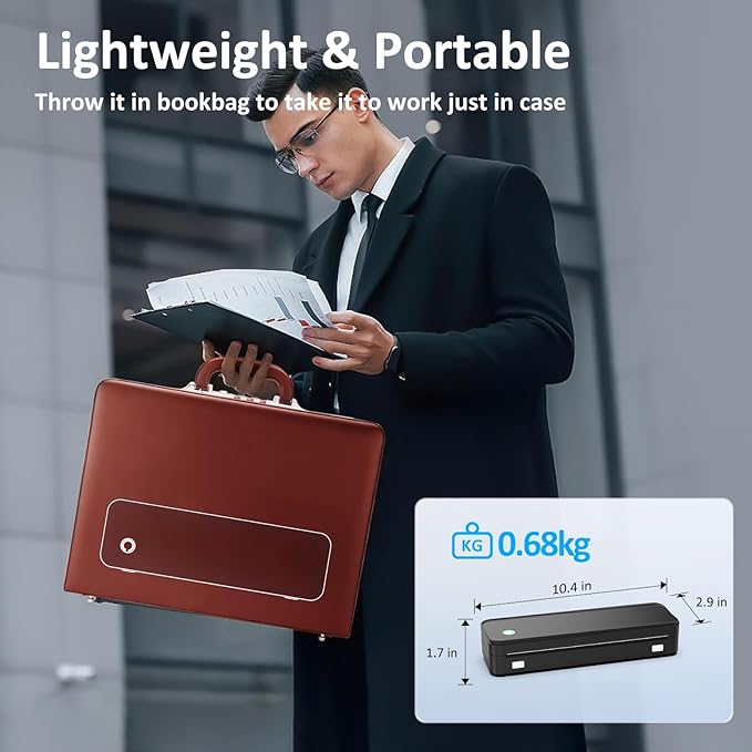 Inkless Portable Printer for Travel, Wireless Thermal Printer Supports 8.5 x 11 Inch Thermal Paper, Bluetooth Machine Includes Carry Case and 3 Rolls of Paper Kit, Black