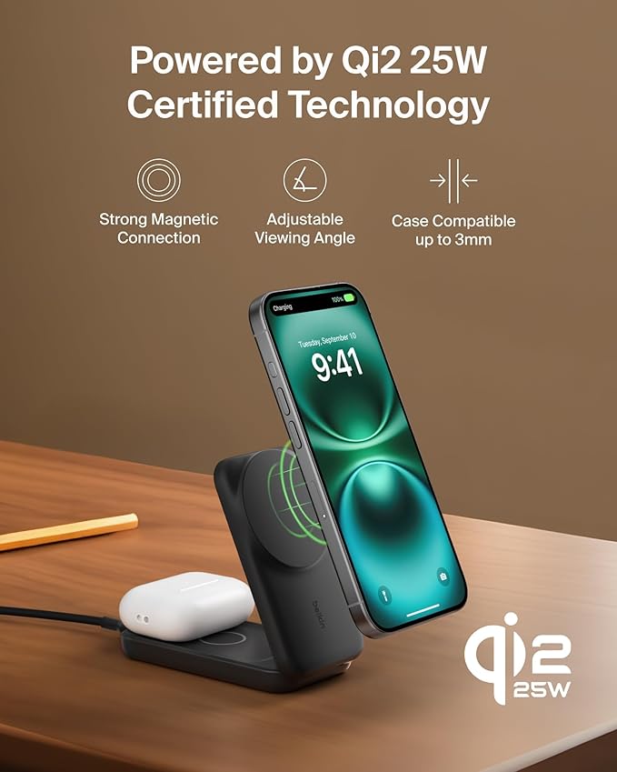Belkin MagSafe Charger Compatible, 2-in-1 Charging Station, Qi2.2 25W Magnetic Wireless Charger Dock, Foldable Stand, with 5W USB-C Port, for iPhone 16/15/14, AirPods (45W Adapter Included)