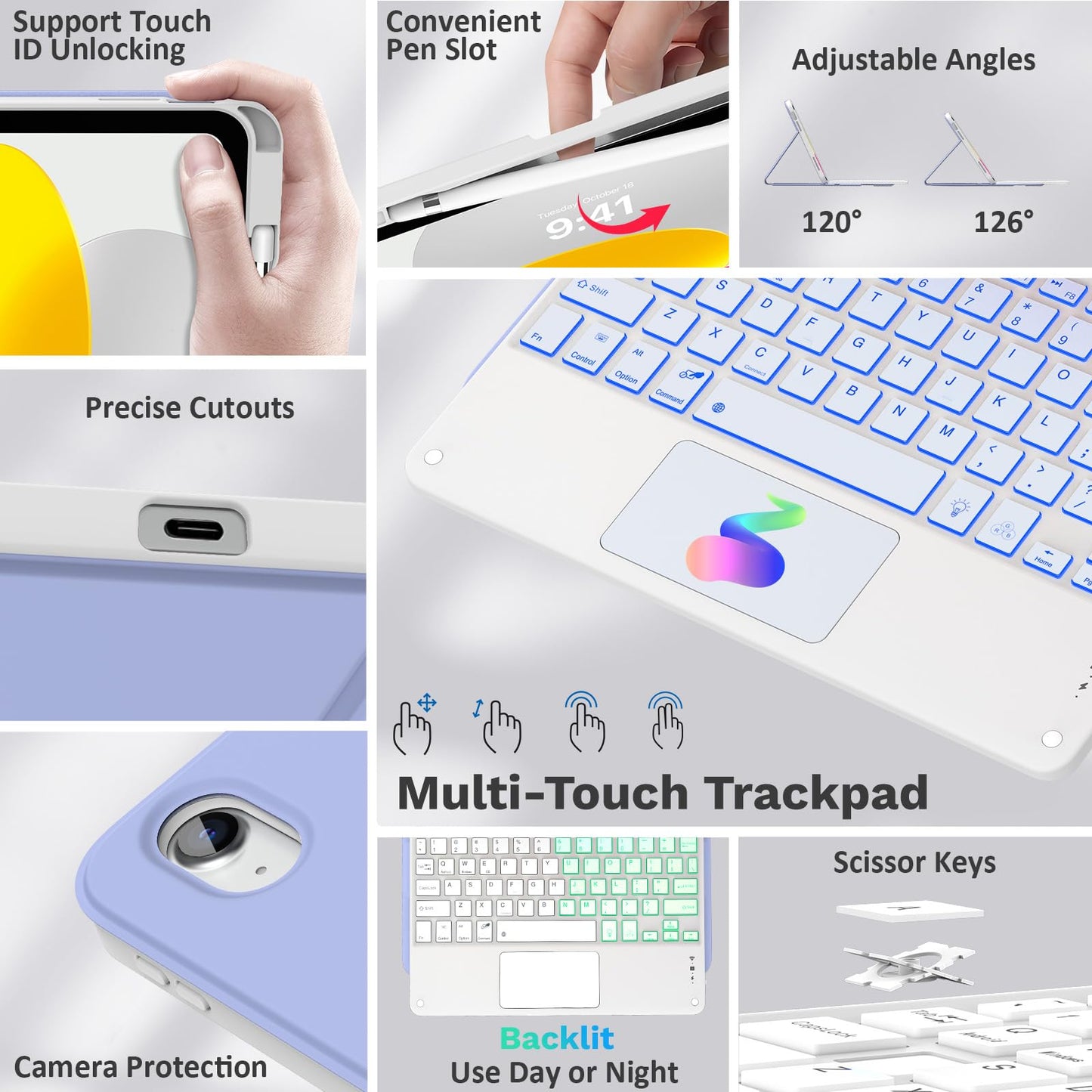 MoKo iPad 11th/10th Generation Case with Keyboard 2025/2024, 7 Colors Backlight & Multi-Touch Trackpad, Detachable Keyboard Folio Stand Cover with Pencil Holder, Lavender Purple