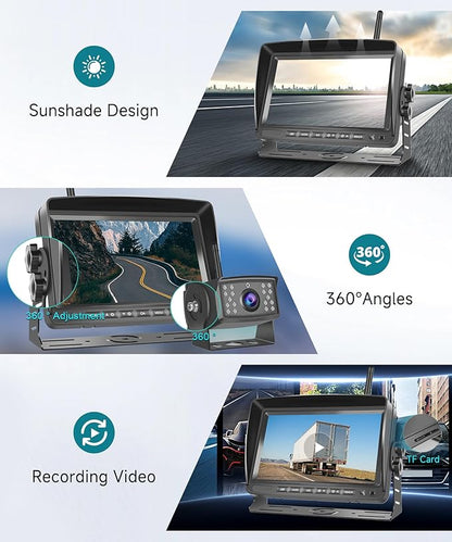 Wireless Backup Camera for RV, 7" IPS Monitor Kit+ 2 AHD Rear View Camera Waterproof Night Vision DVR Recording, Wireless Reverse Camera 12V-36V for Truck/Trailer/RV/Camper/Excavator/Caravan