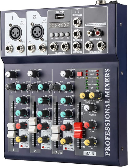Dj Mixers 4 Channel Audio Mixer Sound Board with Bluetooth, Usb Audio Interface with 48V Phantom Power Sounds Mixer Board with FX Reverb Delay Effect for Streaming
