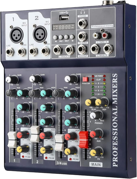 Dj Mixers 4 Channel Audio Mixer Sound Board with Bluetooth, Usb Audio Interface with 48V Phantom Power Sounds Mixer Board with FX Reverb Delay Effect for Streaming