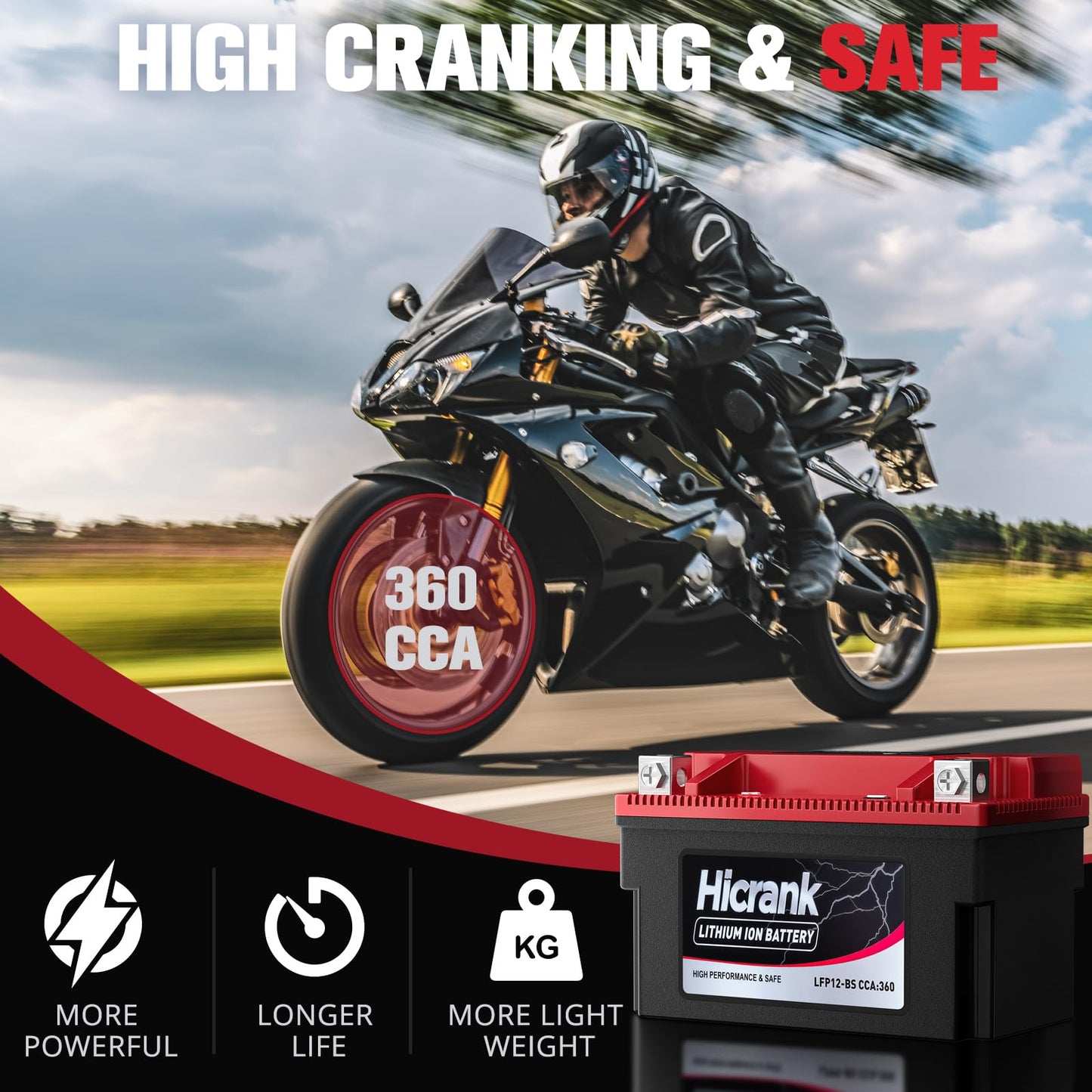 Hicrank YTX12-BS 12V 6Ah,360CCA LiFePO4 Lithium Motorcycle Battery,Powersports Battery for Honda KTM Yamaha Harley Fit ATV, UTV, Motocross, Lawn Mower, Jet Ski, Polaris