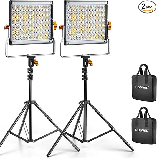 Neewer 2 Packs Dimmable Bi Color 480 LED Video Light Kit, 3200~5600K CRI 96+ LED Panel with U Bracket, 75 inches Tripod Light Stand for YouTube Recording Studio Photography Streaming Key Lighting