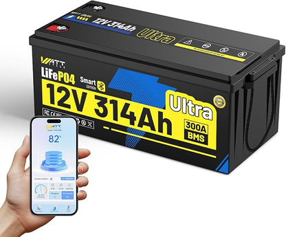 12V 314Ah LiFePO4 Lithium Battery 300Ah BMS, Built-in Metal Frame & Bluetooth 5.0, Full Metal Case 4.01kWh Energy, 8000+ Deep Cycles Batterys Perfect for Energy, RV, Solar, Trolling Motor