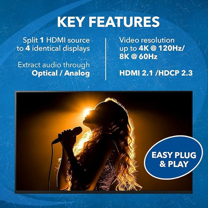 OREI 8K HDMI Splitter 1 in 4 Out, 1 x 4 Duplicate/Mirro Screen with Audio Extractor UltraHD Supports Upto 4K @ 120Hz IR EDID HDCP 2.3 for PS5, Xbox, NVIDIA (BK-104A)