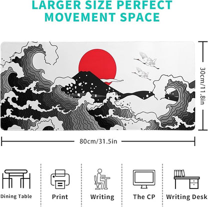 Japanese Red and Black Wave Gaming Mouse Pad Extended Large Mouse Mat Desk Pad Sea Texture Non-Slip Rubber Base Wave Mousepad Stitched Edges Keyboard Desk Pad for Office Home Game 31.5x11.8 Inch