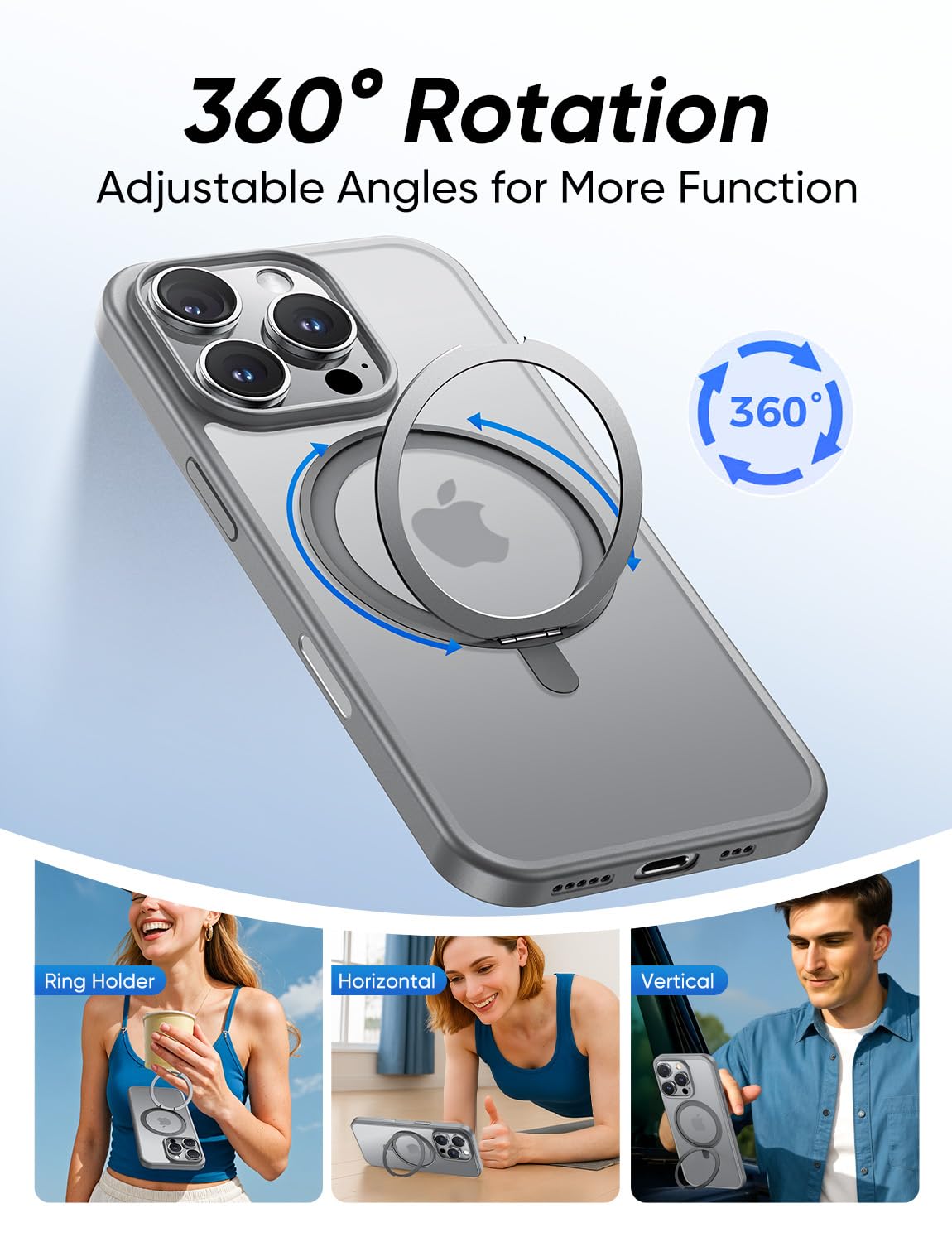 MAGIC JOHN 360° Rotatable Magnetic Invisible Stand for iPhone 16 Pro Case [Camera Control Button] [Compatible with MagSafe] 16FT Shockproof for iPhone 16 Pro Case with Kickstand, Gray