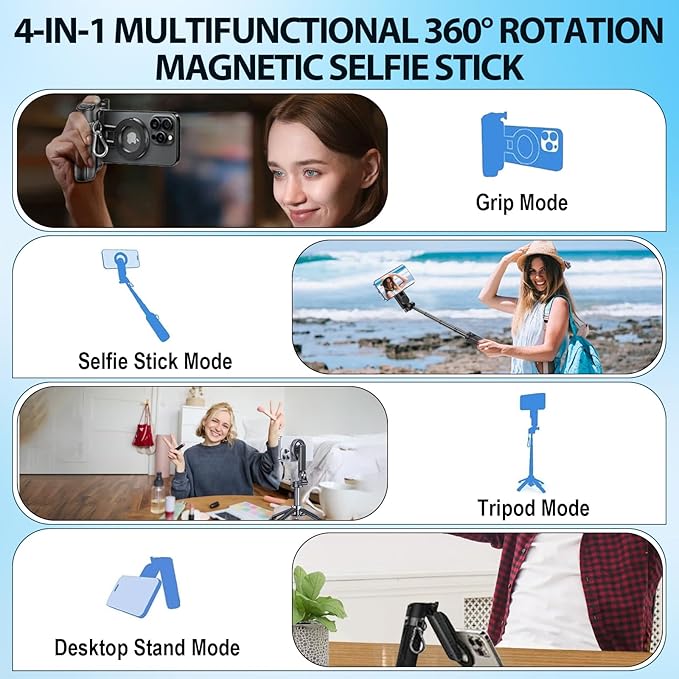 2025 New 4 in 1 Multifunctional Magnetic Selfie Stick, 360° Rotation Phone Tripod with Remote Control, Portable Extendable Mag Tripod, Universal Mobile Phone Holder for Travel Vlog(Black)