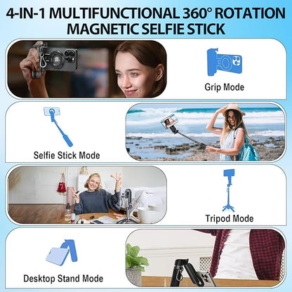 2025 New 4 in 1 Multifunctional Magnetic Selfie Stick, 360° Rotation Phone Tripod with Remote Control, Portable Extendable Mag Tripod, Universal Mobile Phone Holder for Travel Vlog(Black)