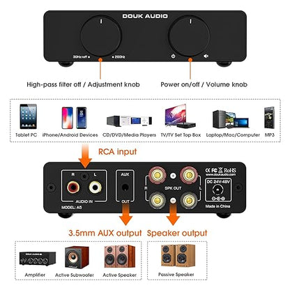 Douk Audio A5 2 Channel TPA3255 Stereo Amp, 300 Watts x2 Mini Hi-Fi Audio Power Amplifier Class D for Home Theater System, Passive Bookshelf Tower Speakers with High-Pass Filter + 32V Power Supply