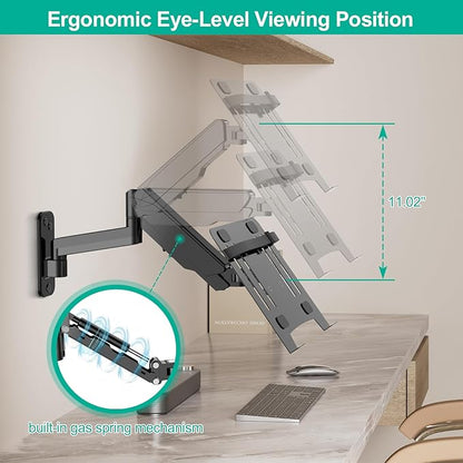 Laptop Wall Mount, 2-in-1 Gas Spring Wall Holder with Vented Tray for 12"-17" Notebook/13-32 Computer Screen, Full Motion Adjustable Wall Mount Laptop Stand Holds 3.3-17.6lbs
