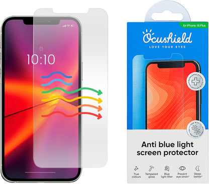 Ocushield Anti Blue Light Tempered Glass Screen Protector of iPhone 16 Plus (6.7")– Blocks Blue Light, Prevents Eye Strain & Helps You Sleep Better, 9H Hardness & Case Friendly