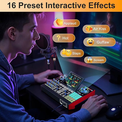 Audio Mixer, Sound Board for Pc/Phone Live Streaming Singing Gaming, Sound Mixer for 3.5mm/Xlr Dynamic/48V Microphone, Live Sound Card with DJ Mixer Effects & Voice Changer, Denoise, One Click Mute
