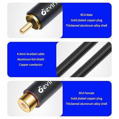 Devinal RCA Female to Male Extension Cable - Premium Audio Extender Cord for High Sound Quality & Durability, Compatible with Home Theater, TV, Soundbar - 10ft/3m