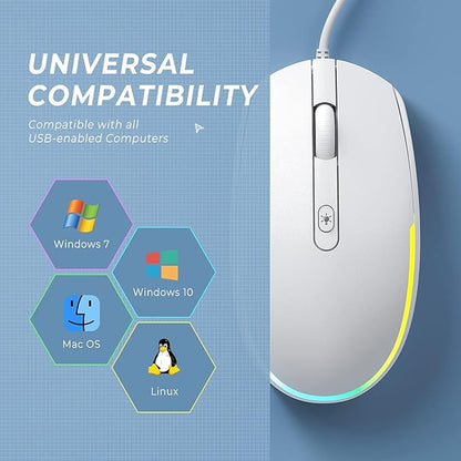 Seenda Wired RGB Backlit Optical LED Mouse - USB Cord for Laptops, Notebooks, Chromebook (White)
