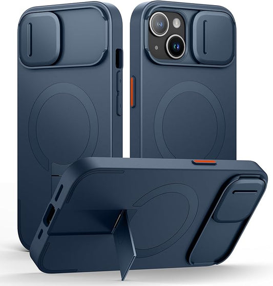 SURITCH for iPhone 13/14 Case with Magnetic Camera Slide Cover and Adjustable Kickstand, Compatible with MagSafe, Shockproof Bumper Case Slim Protective Cover for iPhone 13/14 6.1 Inch, Blue