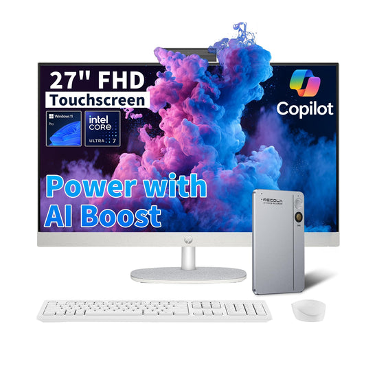 HP 27" All-in-One Desktop Computer - FHD Touchscreen | Intel Ultra 7‑155U | AI‑Enhanced Display, Facial Login | Privacy Pop‑Up Camera | Win 11 Pro, RECOLX AI Voice Recorder | 32GB DDR5 + 1TB SSD