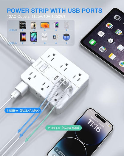 Surge Protector Power Strip 15 Ft Cord, HUNIAN Flat Plug Extension Cord with 12 Widely Spaced Outlets 6 USB Charger (2 USB C Ports), Desk Charging Station for Home Office Supplies, Dorm Room, White