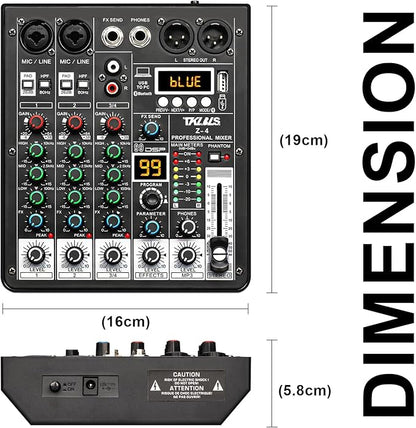 4 Channel Audio Mixer, Professional DJ Mixer Sound Board Mixing Console with 99-Bit DSP Effect, Bluetooth USB Interface Stereo Mixer Board with 48V Phantom Power For Recording Live Stream