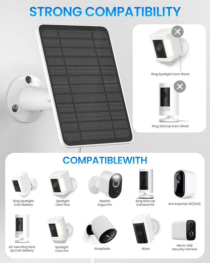 5W Solar Panel for Ring Camera, Solar Panel Charger Compatible with Ring Spotlight Plus/Pro Stick Up Outdoor Cam Battery, 10ft Cable with USB-C to Barrel Plug Adapter & Micro-USB Adapter, 2 Pack