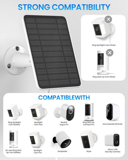 5W Solar Panel for Ring Camera, Solar Panel Charger Compatible with Ring Spotlight Plus/Pro Stick Up Outdoor Cam Battery, 10ft Cable with USB-C to Barrel Plug Adapter & Micro-USB Adapter, 2 Pack