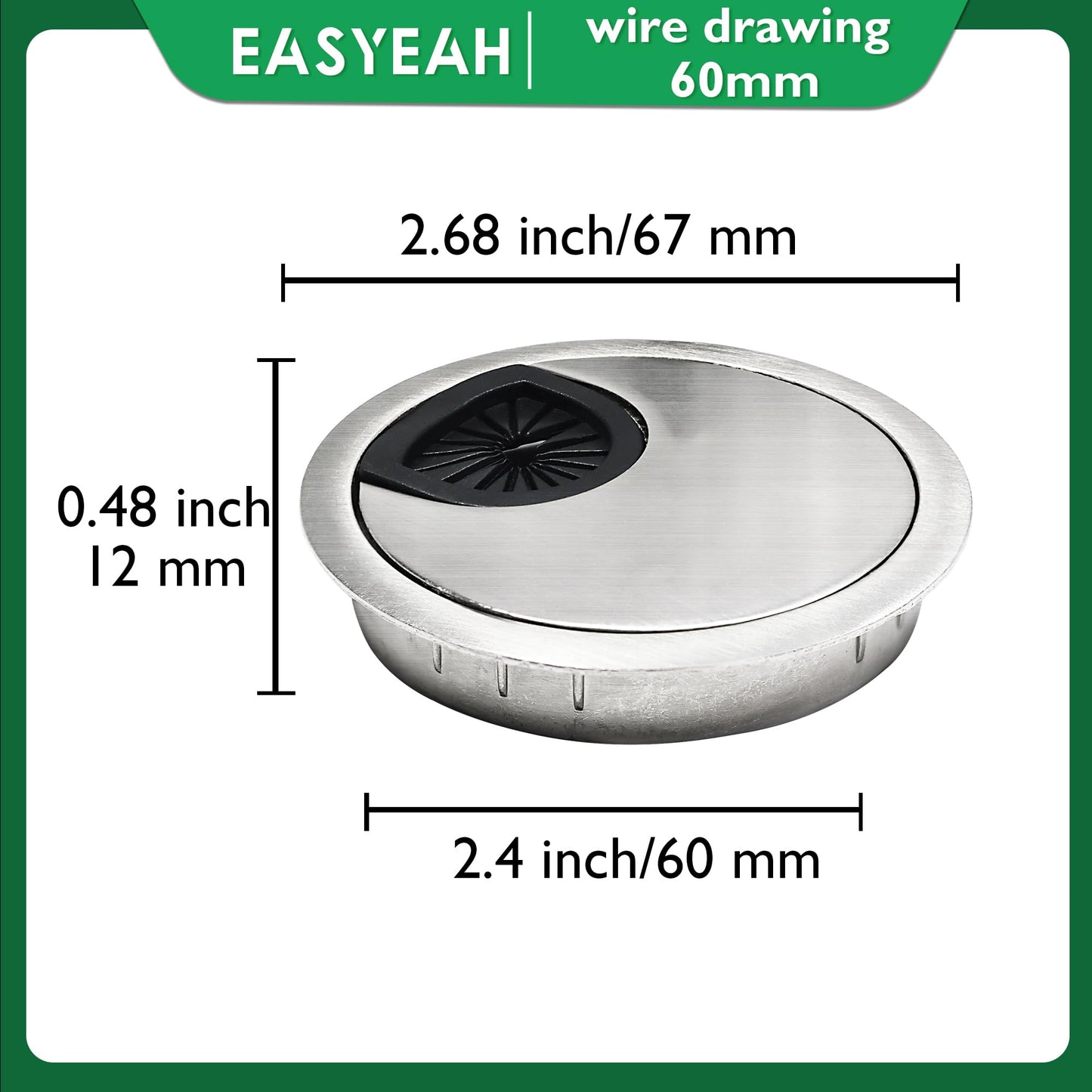EASYEAH 2 Pcs Desk Grommet 2-3/8" / 60 mm, Desk Cord Hole Cover, Cable Grommet Metal Zinc Alloy Materilal, Desk Hole Grommet for Home & Office Pc, Detachable Cable Cord Organizer-Brushed Silver