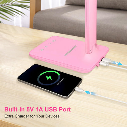 shinelife LED Desk Lamp for Office Home, Bright Desk Light with USB Charging Port, Adjustable Dimmable Desk Lamps 5 Modes 5 Brightness, Touch Study Lamp for Nail, Craft, Puzzle, Sewing, Study, Pink