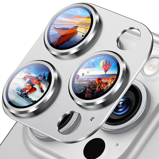 Uyiton Compatible with iPhone 16 Pro/iPhone 16 Pro Max Camera Lens Protector - [Not Easy to Break][Strong Adsorption][Case-Friendly] Metal Tempered Glass Rear Camera Screen Cover - White Titanium