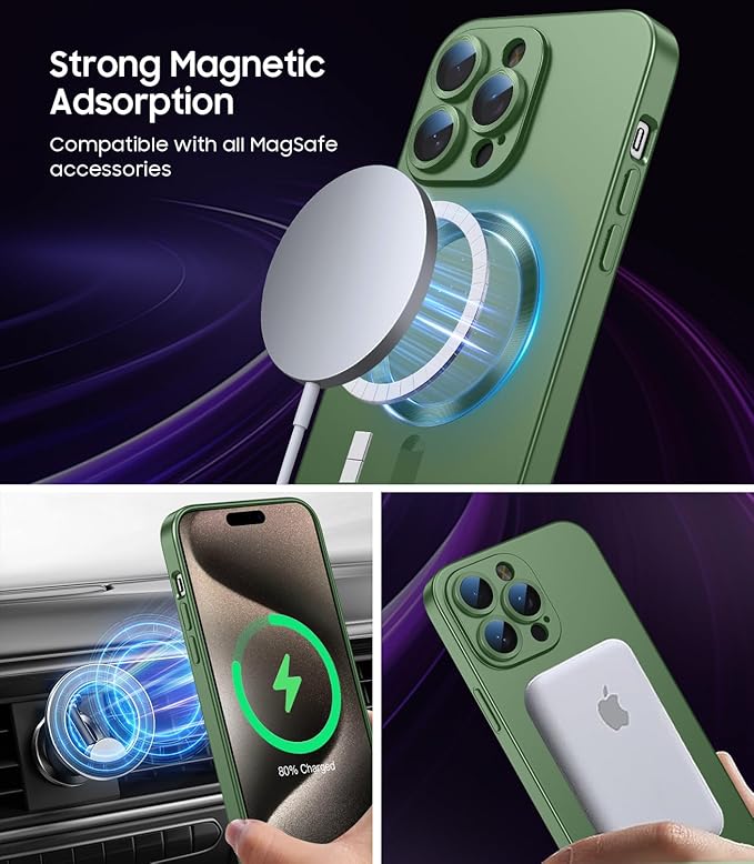 Magnetic for iPhone 15 Pro Max Case [Compatible with MagSafe][Built-in Camera Lens Protector] Slim Soft Silicone Bumper Shockproof Metallic Luster Phone Case (Green)