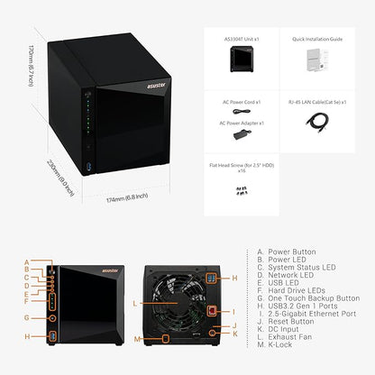 Asustor Drivestor 4 Pro Gen2 AS3304T v2, 4 Bay NAS, 1.7GHz Quad-Core, 2.5GbE Port, 2GB RAM DDR4, Best Value for Home Media Server, Network Attached Storage(Diskless)