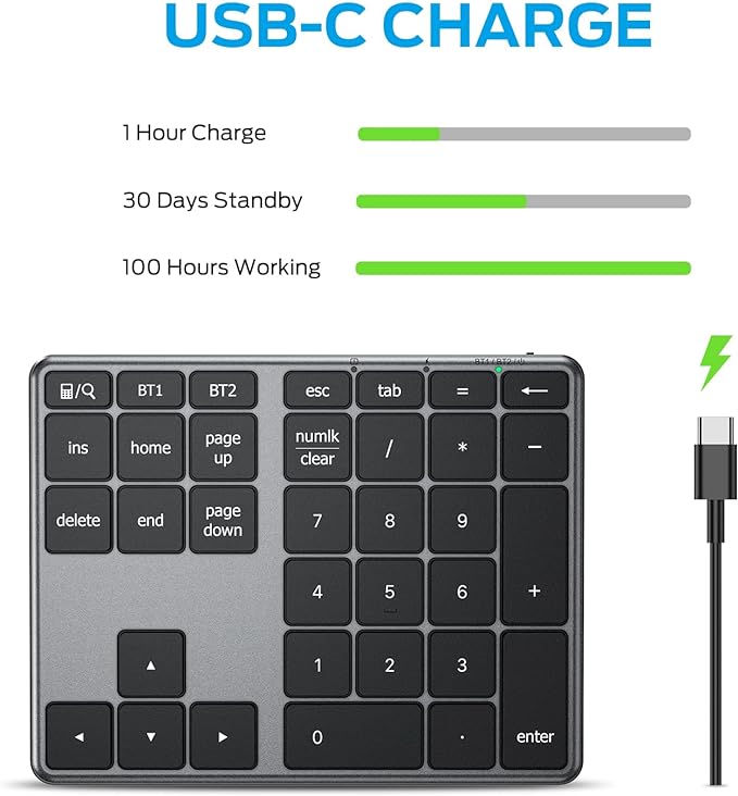 iClever Number Pad, Aluminum Wireless Number Pad for Multi Devices, USB-C Rechargeable, External 34-Keys Bluetooth Keyboard for Data Entry, Compatible for Laptop, Mac, iMac, Tablet, PC Desktop