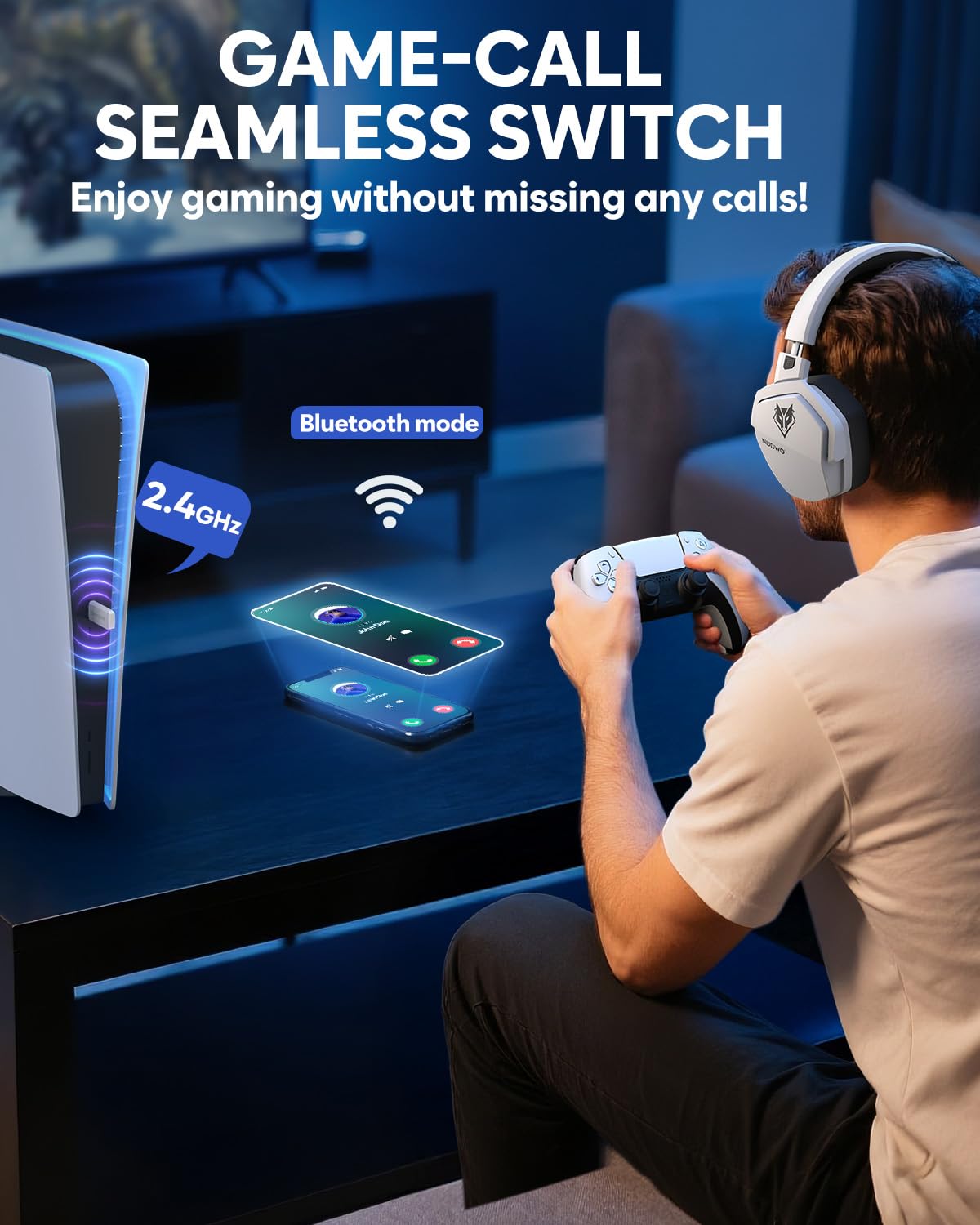NUBWO Wireless Gaming Headset with Mic for Ps5 Ps4 PC, Zero Interference, 100-Hour Battery All-Day Play, 23ms Sync for Fortnite & Call of Duty/FPS Gamers, Triple Mode All Devices Compatible - White
