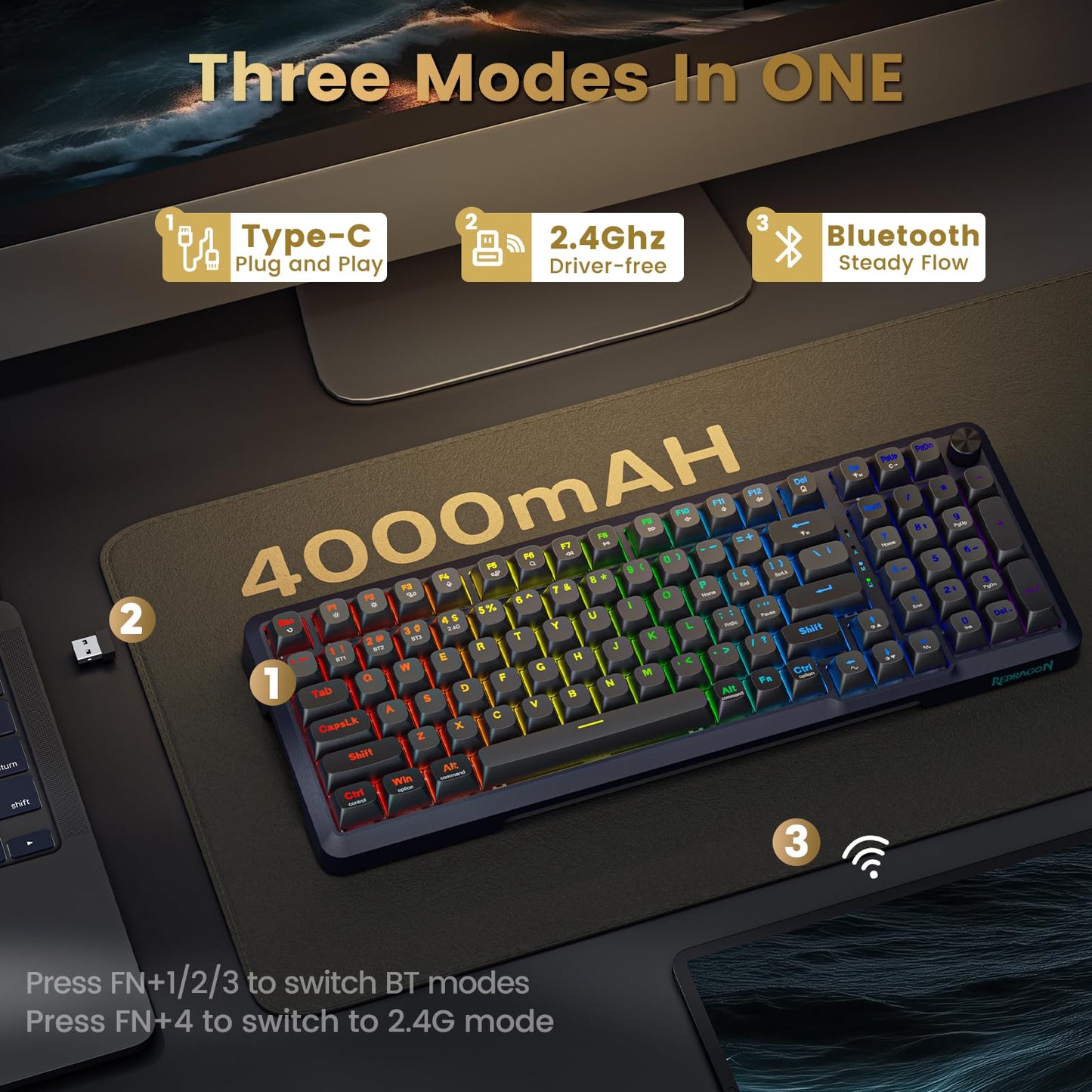 Redragon Wireless Mechanical Keyboard, 3 Mode Gasket Mounted RGB Gaming Keyboard with Volume Knob, Pre-Lubed Linear Switches, MDA-Profile, 98 Keys Hot Swappable Creamy Keyboard for PC/Tablet/Xbox/PS4