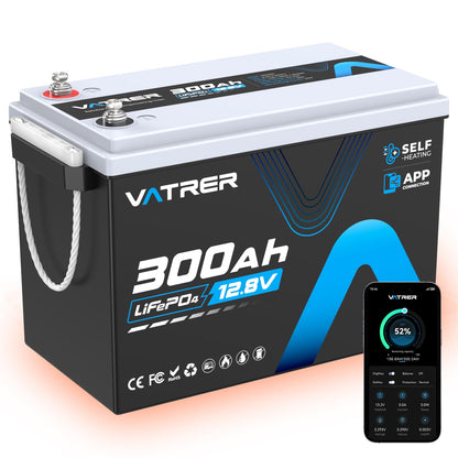 12V 300AH LiFePO4 Lithium Battery with Self-Heating&APP Monitoring, Built-in 200A BMS, Support Low Temp Charging(-4°F),5000+ Cycles, Max 2560W Power, Perfect for RV/Camper, Off-Grid Applications, etc.