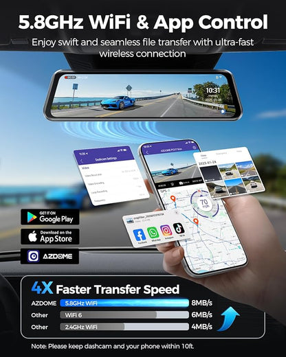 AZDOME PG17 Max 4K+2.5K Mirror Dash Cam with ADAS, BSD and LCA, 12" Rear View Mirror Camera with 5GHz WiFi and Voice Control, Rearview Mirror Backup Camera Includes 64GB Card, GPS, Parking Monitor