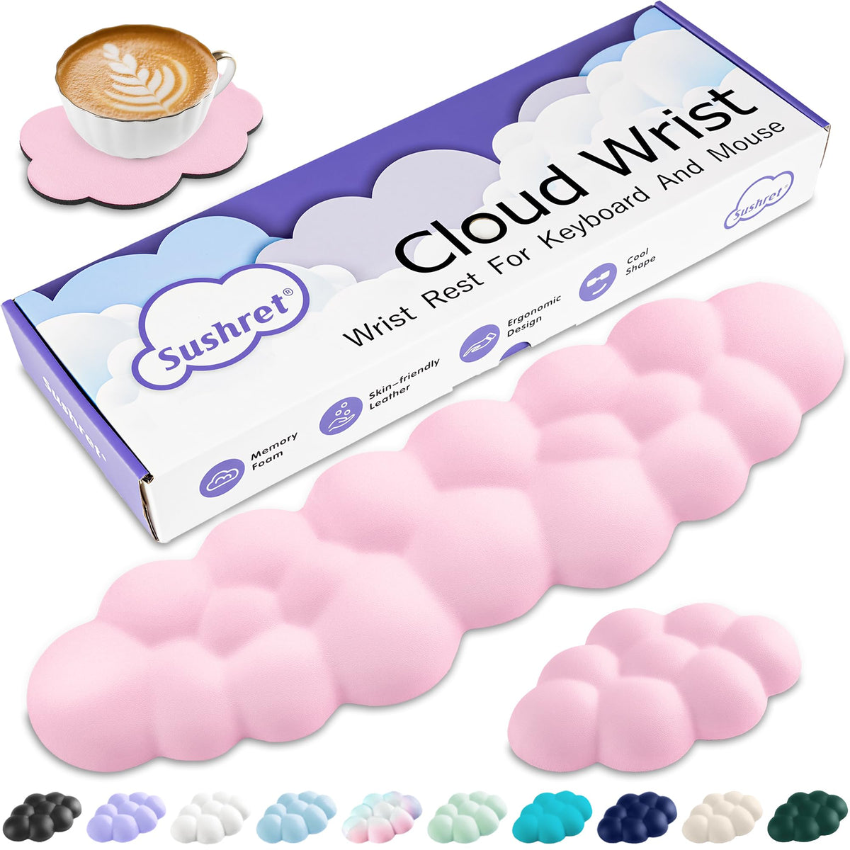 Sushret Cloud Wrist Rest Keyboard, Cloud Keyboard Wrist Pad Set with PU Leather Memory Foam, Cute Arm Rest for Palm Support, PC/Gaming Desk Accessories/Office Setup/Computer Hand Cushion - Purple