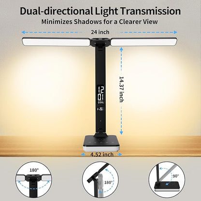 LED Desk Lamp with Charger, USB Charging Port, Dual Swing Arm Desk Light with 5 Brightness, 3 Colors, Table Lamp with Clock, Alarm, Date, Temperature, Desk Lamp for Home Office Study (Black)