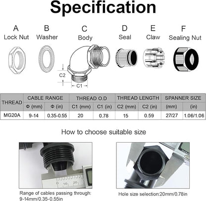 LeMotech M20 Cable Gland, 90 Degree Adjustable 9-14mm Strain Relief, Cord Connectors Nylon Joints with Gaskets, 2 Pcs, Black