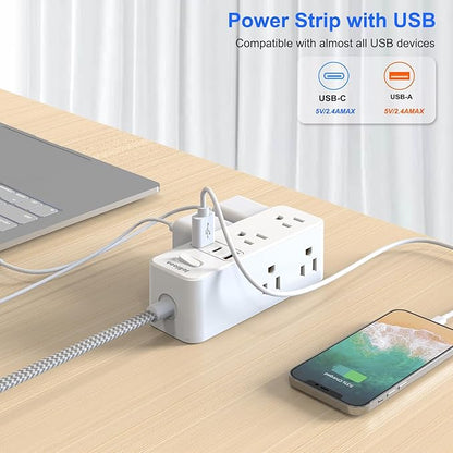 Extension Cord with Multiple outlets, 10 Ft Braided Power Cord, 6 Widely Outlets with 3 USB Ports (1 USB C), Ultra Thin Flat Plug, 3 Sided 1050J Power Strip Surge Protector for Home Travel Office