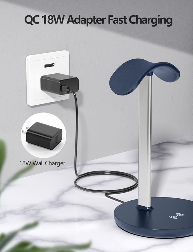 Miroddi Headphone Stand with Wireless Charger, Independent USB Charging Port, 5 in 1 Charging Station Headset Holder Rack for iWatch, iPhone, Samsung and Desk All Headphones, Dark Blue