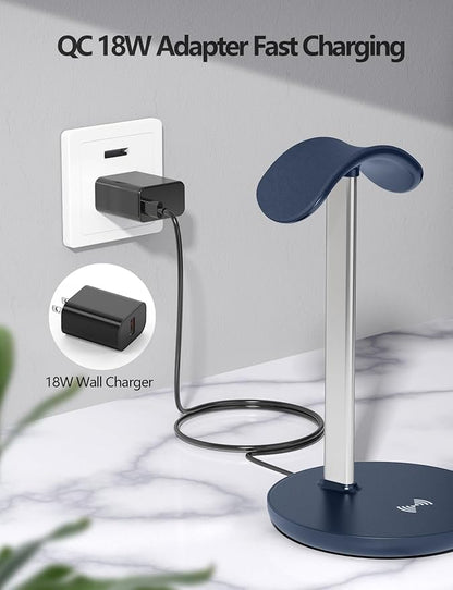 Miroddi Headphone Stand with Wireless Charger, Independent USB Charging Port, 5 in 1 Charging Station Headset Holder Rack for iWatch, iPhone, Samsung and Desk All Headphones, Dark Blue