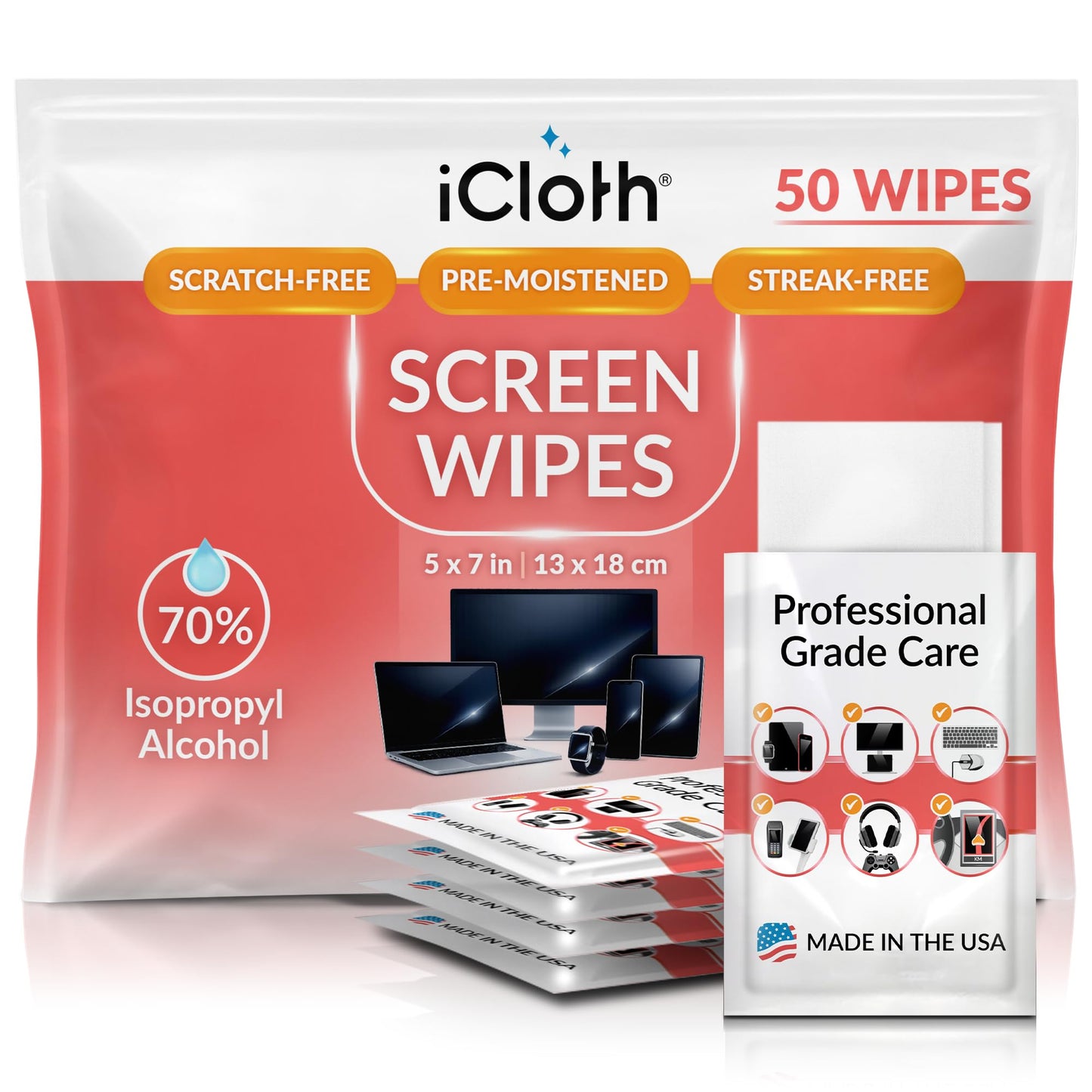 iCloth 70% Isopropyl Alcohol Large Screen and Electronics Wipes, Lint-Free, Streak-Free, Fast-Drying, Removes Dust and Fingerprints (50 Wipes)